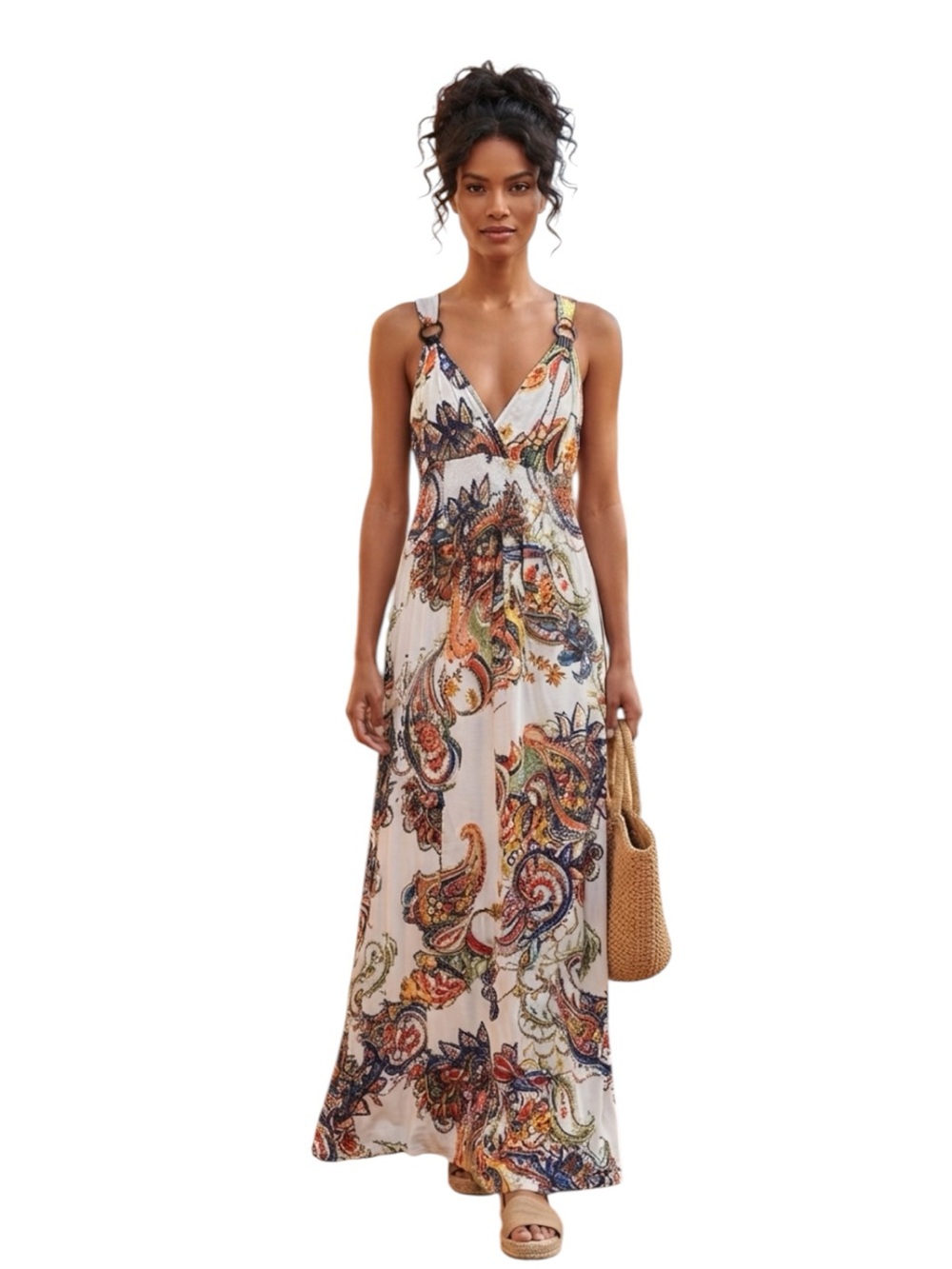 Lascana Venus Boho Paisley V-Neck Maxi Dress - Cream Multi Size XS